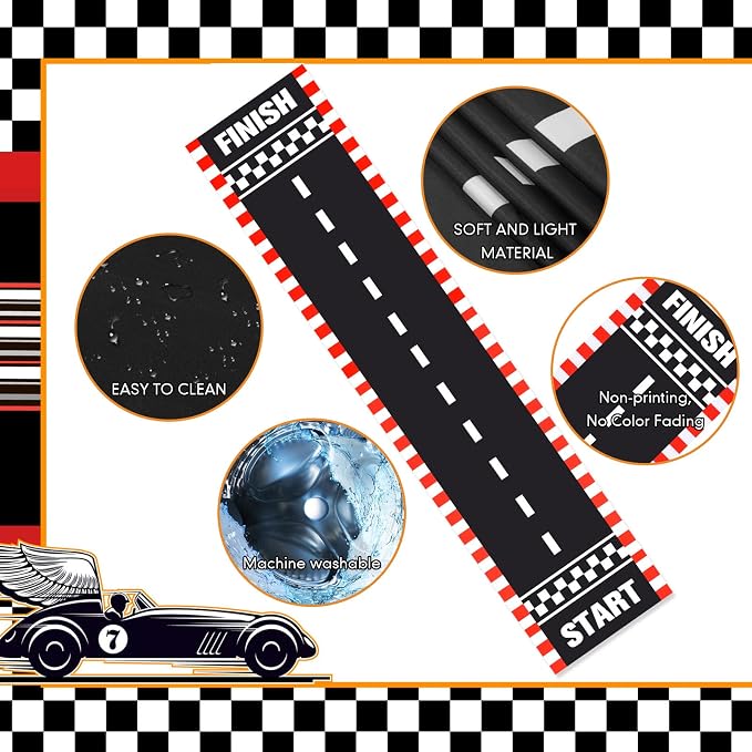 Fabbay 2 Pieces Racing Car Party Decorations 2 x 9. 8 ft Long Racetrack Floor Running Mat Drag Race Car Road Birthday Party Supplies Checkered Race Tracks Runway Party Supplies for Sport Event
