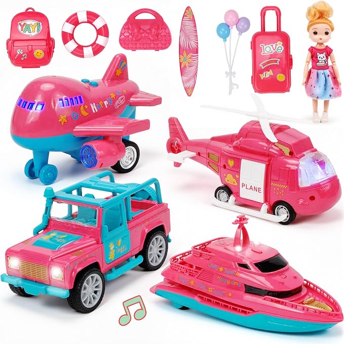 Pink Dream Travel Vehicles Playset Toys for Girls Age 3-6, Fashion Doll with Interactive Off-Road Car, Airplane, Boat & Helicopter, Lights & Sounds Pretend Play Beach Toys, Christmas & Birthday Gifts
