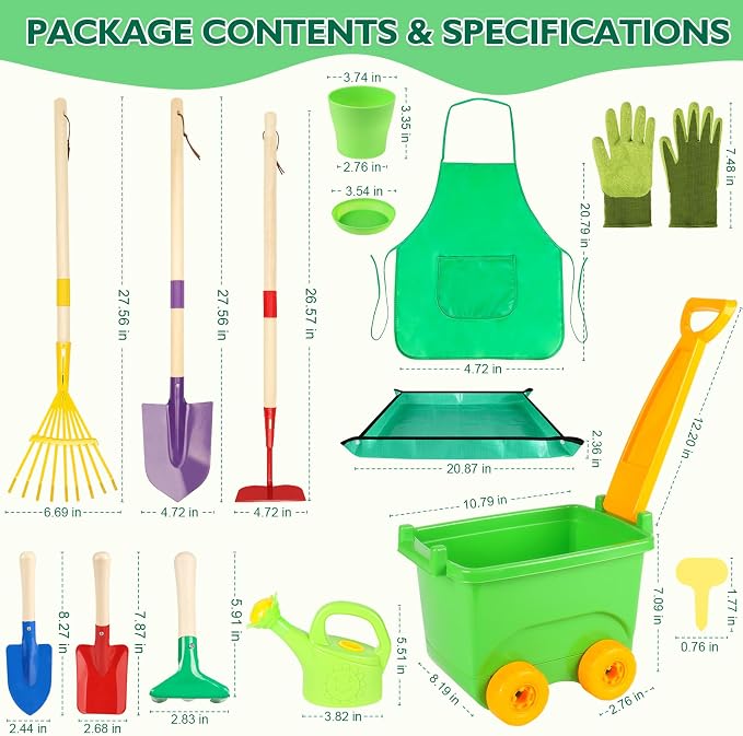 FHOZGECY Kids Gardening Set with Wheelbarrow, Metal Gardening Tools with Apron, Gloves, Watering Can, Repotting Mat, Flower Pots, Outdoor Backyard Play Learning Toys for Boys Girls Ages 3-8