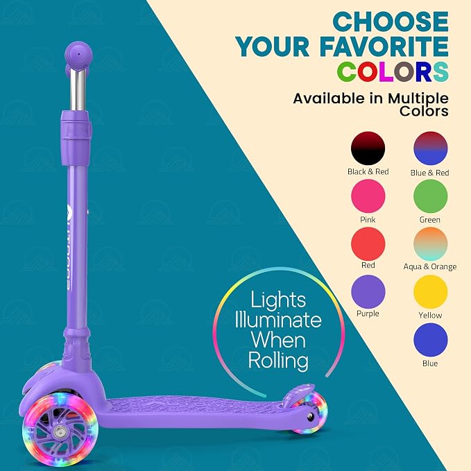 Outdoor Cruiser 3-wheel Kids Scooter – With Lean-to-steer Technology, Wide Deck, Led Lighted Wheel, 4-level Adjustable Height T-bar Handle, Support Kid Up to 150 Lbs, for Boys & Girls Ages 3-8, Purple