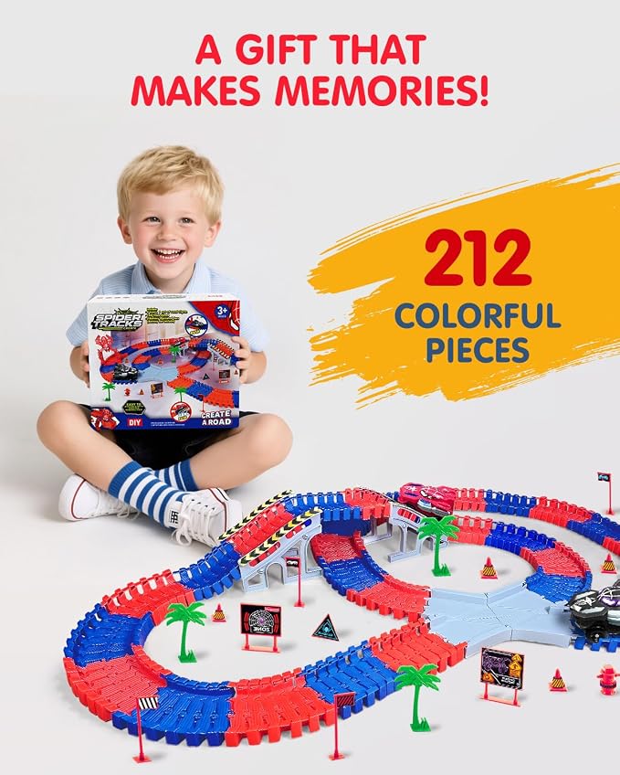 Spider Hero Race Track Toy for Boys 4-6, 212PCS Flexible Car Track with 2 Spider Cars, STEM DIY Track Playset Gift for Kids Ages 3 4 5 6 7 8