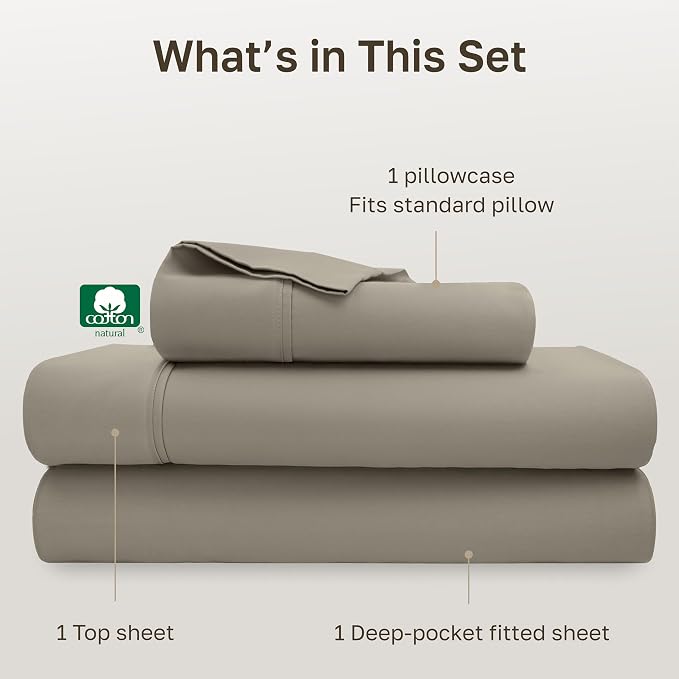 California Design Den Soft 100% Cotton Bed Sheets Twin Size Set, 400 Thread Count Good Housekeeping Award Winner, Silky Smooth Sateen Weave, Breathable and Durable Twin Bedding Set - Taupe