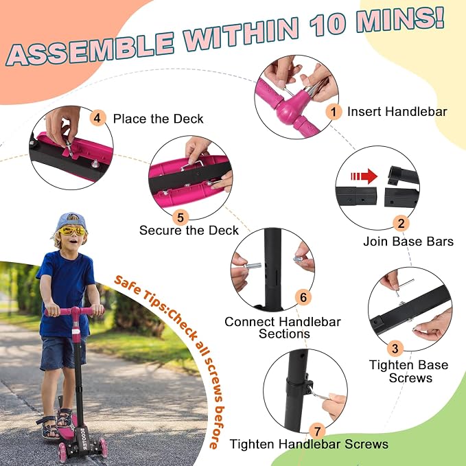 Kids Kick Scooter, Kick Scooter for Kids 2-7 Age, Light up 3 Wheels Kick Scooter, Heavy Duty Folding Lean-to-Steer Scooters with 3 Adjustable Handlebar for Boys Girls Blue