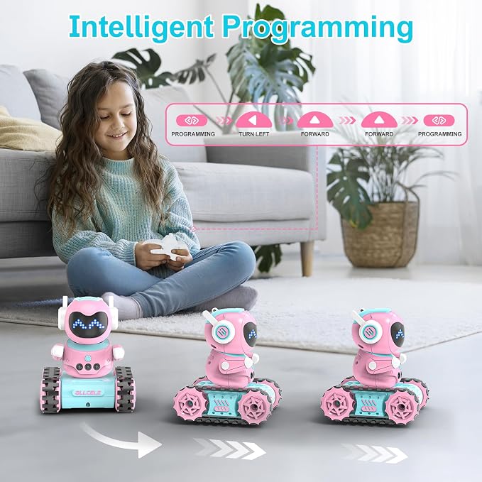 ALLCELE LED RC Robot Toys for Girls with Programming, Music, Demo and LED Function, Remote Control Robot Toy, Gift for Girls 3-8 Years Old Blue Pink