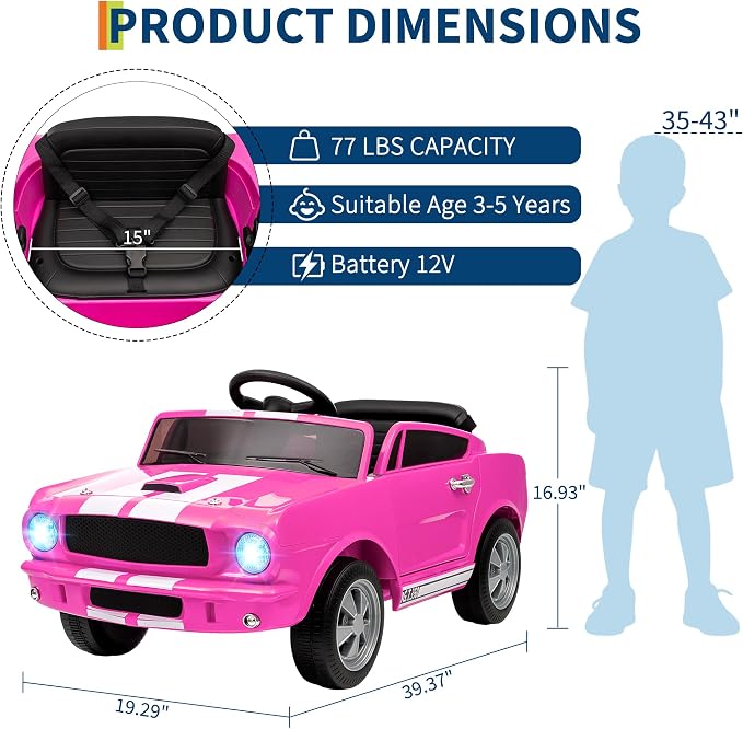 Garvee Ride on Licensed Shelby GT350, 12V Ride on Toys for Toddlers with Remote Control, Licensed Ford Shelby Kids Electric Vehicle with Safety Belt, 2 Speeds, Headlight, Upgraded Panel, Pink