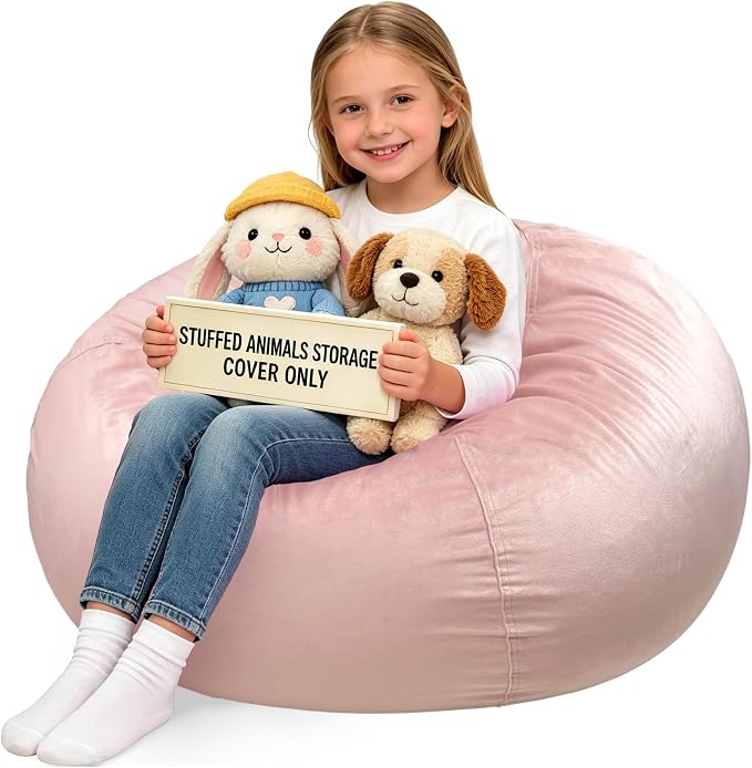 Lukeight Stuffed Animals Storage Bean Bag Chair Cover for Kids, Cozy Velvet Plush Toy Organizer Seat, Cover Only, No Filling Included, Long YKK Zipper, Side Pocket, X-Large 30 x 18 in