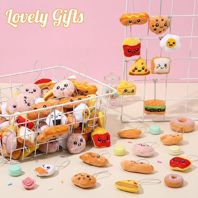 Libima 120 Pcs Mini Food Plush Keychain Set Small Sweet Food Keychain Charm Set Cute Small Bread Stuffed Toy for Carnival Birthday Party Prizes Decoration for Clothes