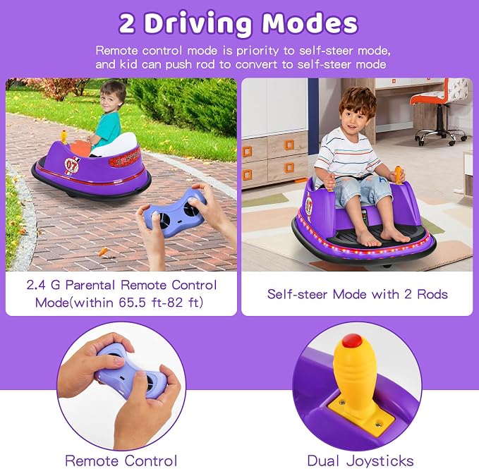 HONEY JOY 12V Toddler Bumper Car, Battery Powered Baby Ride on Bumper Car, Dual Joysticks, Flashing LED Light & 360 Degree Spin, Electric Vehicle Ride on Toys w/Remote Control, Gift for Boys Girls
