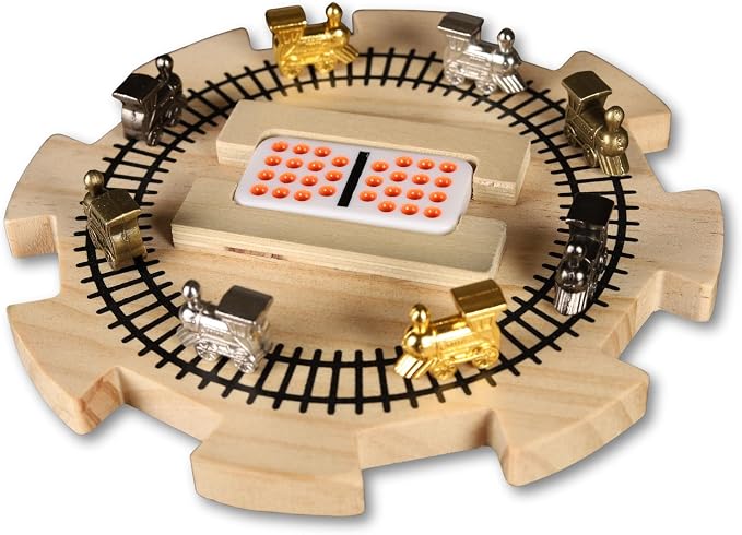 Mexican Train Dominoes Set Double 15 Color Dots | Wooden Hub, 8 Metal Trains, Aluminum Case