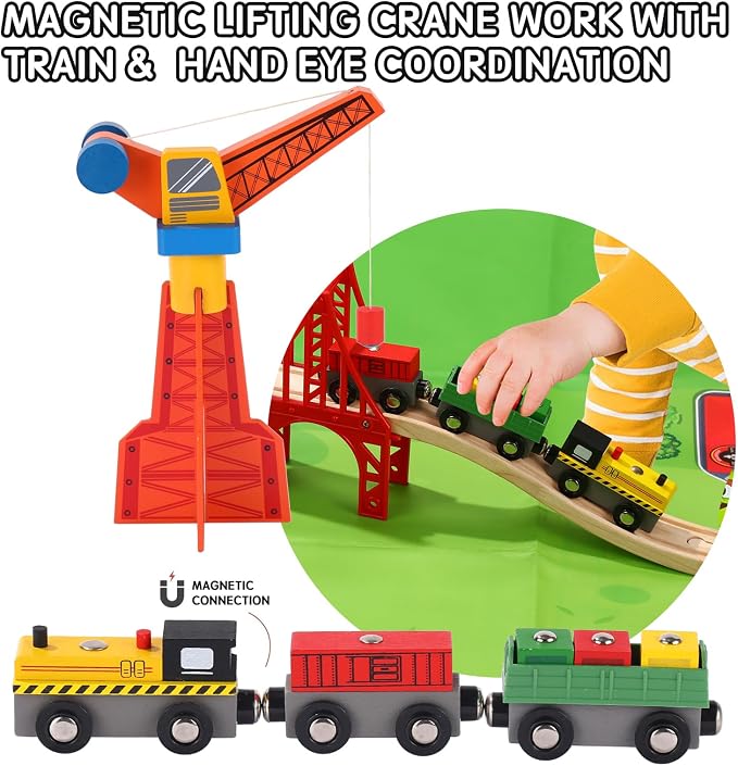 Wooden Train Track Set 62pcs, Wood Railway Systems Accessories Expansion Pack with Train + Crane, for 3-10 Years Toddlers Birthday Gift, Christmas Toys, Compatible with Major Brands (62 PCS)