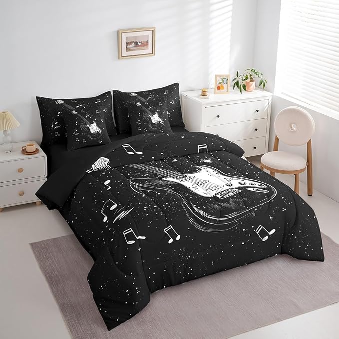Feelyou Music 7 Pieces Bedding Set Twin Size Guitar Comforter Set with Sheets for Kids Boys Girls Guitar Instruments Bed in a Bag Rock Music Bed Set