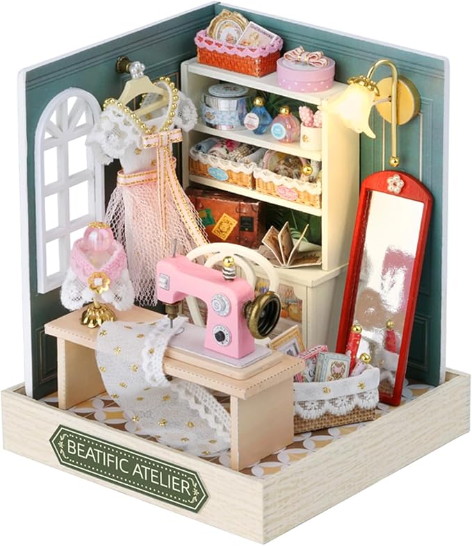Kisoy Dollhouse Miniature with Furniture Kit, DIY 3D Wooden DIY House Kit with Dust Cover,Handmade Tiny House Toys for Teens Adults Gift (Beatific Atelier)