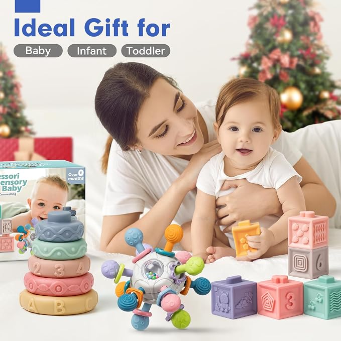 Baby Sensory Teething Toys Set, Montessori Baby Toys 6-12 Months, Incl Newborn Rattle Teether & Baby Blocks & Soft Stacking Rings, Ideal Babies Boy Girl Gifts, Infant Toys 0-3-6-9-12-18 Month