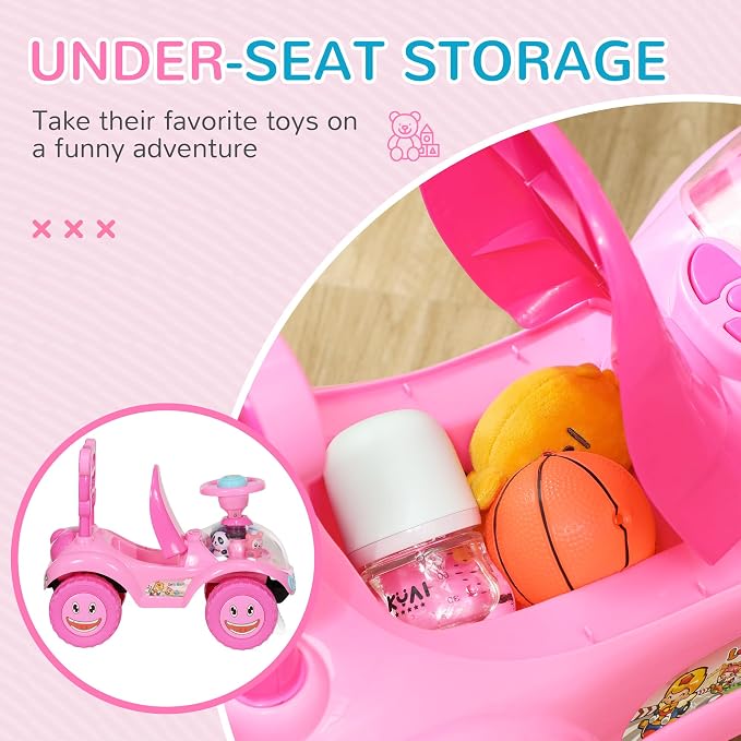 Qaba Toddler Push Car, Foot to Floor Ride on Toy with Horn, Light, Music, Steering Wheel, Anti-Over-Backwards Device & Under Seat Storage, Baby Sliding Car for Boys Girls 18-36 Months, Pink