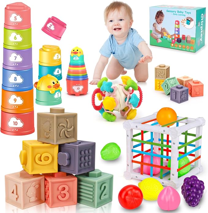 Montessori Baby Toys 6-12-18 Month, Infant Teething Toys Shape Sorter Bin Stacking Cups Blocks for toddlers 1-3, Sensory Educational Learning Toy for 6 7 8 9 10 Month Old Girl Boy 1 2 Year Old Gifts