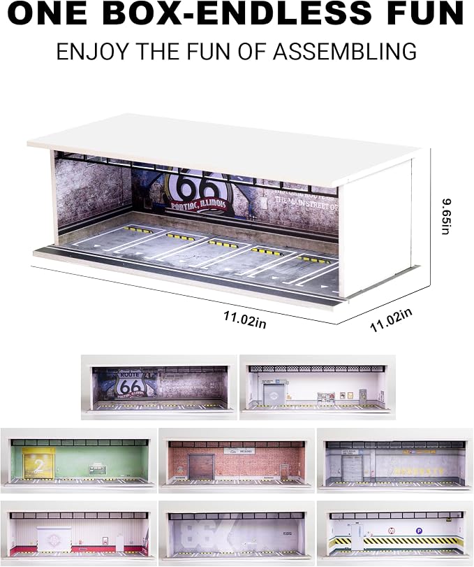 1/64 Scale Display Case Car Garage Moldel, Acrylic Cover Diecast Car Show Case with LED Light 6 Parking Spaces, Hot diecast Wheel Parking Scene (Vehicles Not Included) Red Brick Wall
