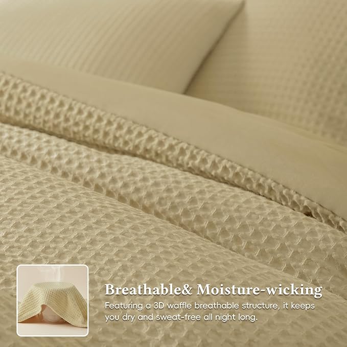 David's Home Waffle Weave Comforter Set 2PCS Twin Size, Soft Breathable Lightweight Cozy Skin-Friendly Warm for All Season, Elegant Aesthetic Home Decor Bedding Set with Pillow Shams, Pale Khaki