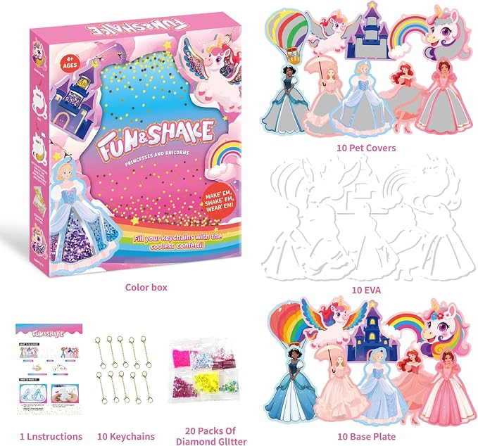 Artnedu Shake-its– Fun&Shake Kit de artesanato com Glitter para crianças, Artes e artesanato DIY com chaveiros,Unicórnios e Princesas,Creative Gift for Girls & Boys Ages 4, 5, 6, 7, 8, 9, 10