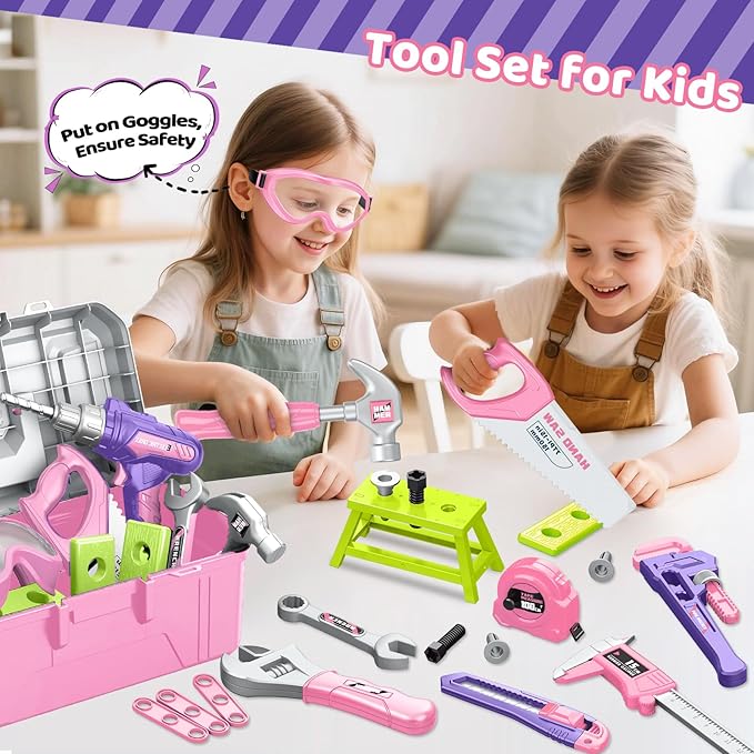 Kids Tool Set with Portable Tool Box & Electronic Toy Drill, Toddler Tool Set, Construction Tools for Kids Ages 3 4 5 6, 46 Pcs Tool kit for Christmas & Birthday Gifts for Girls