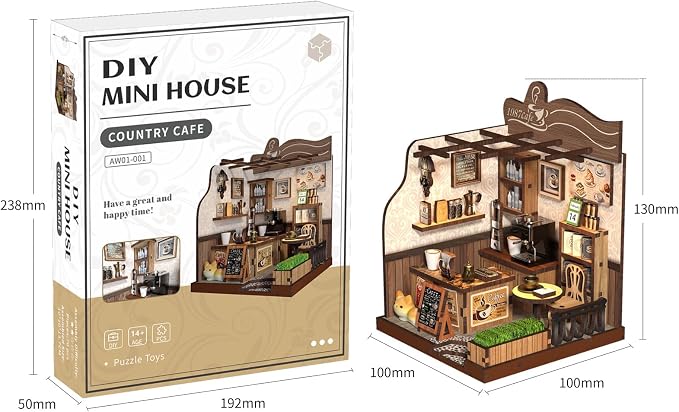 DIY Mini House Country Cafe 3D Wooden Puzzle Craft Model for Adults, Miniature Dollhouse Kit, Mini Coffee Shop Building Kit with Tools, Creative Home Decor & Unique Gift for Coffee Lovers