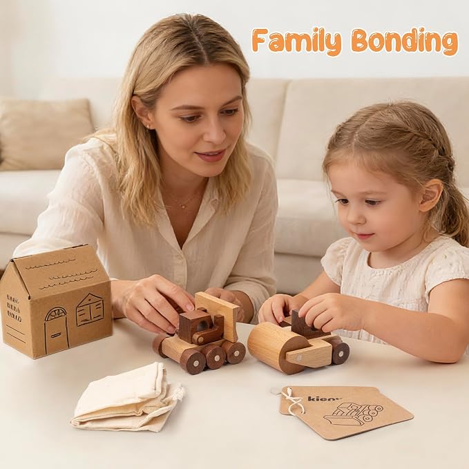Wooden Toy Cars for 3 Year Old Boys & Girls - Construction Vehicles Set Push Toys for Toddlers, Wood Montessori Car with Rolling Wheels, Natural Wood Toys (Bulldozer & Road Roller)