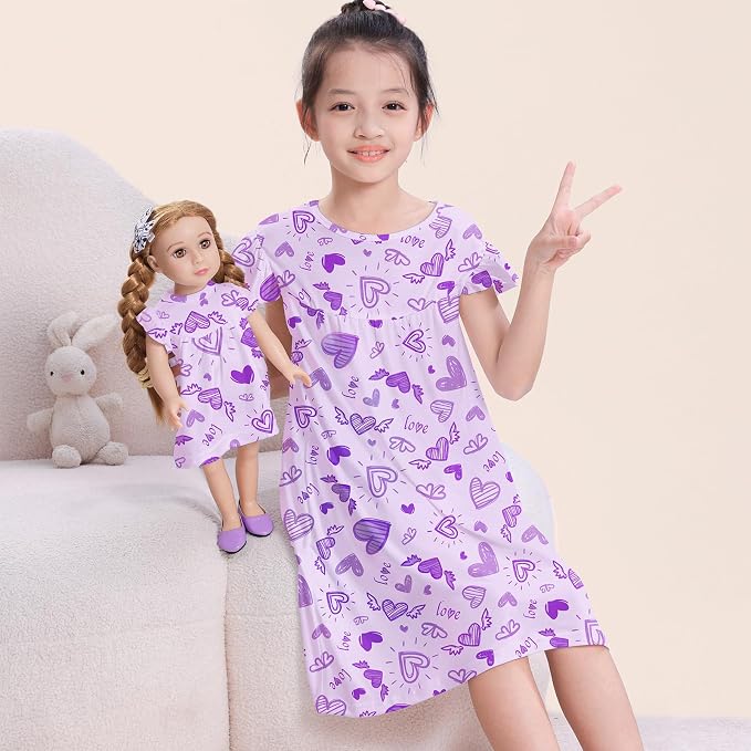 ICOSY Matching Doll & Girls Nightgowns Clothes Girls Pajamas Sleepwear Outfit for Kids and 18" Girl Doll