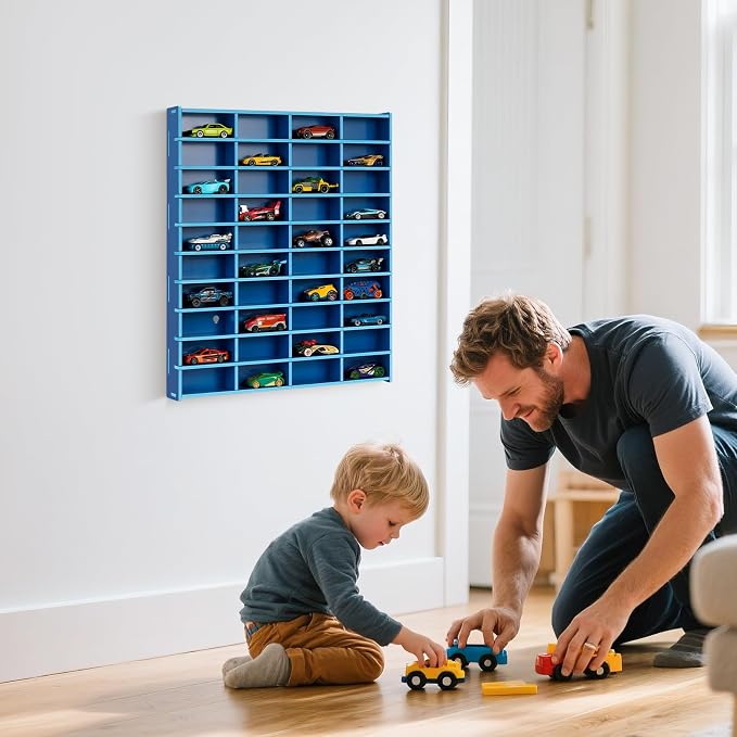 Krafetto Toy Car Display Shelf, Holds 40 Diecast 1/64 Toy Cars, Wall Mount Model Car Storage Organize Case, Blue