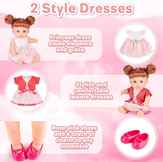 deAO 11 Inch Girl Doll with Hair and Accessories Baby Girl Dolls Toy Set Fashion Doll with Long Fine Hair and Dresses, Shoes, Comb & Hair Dryer Baby Girl Playset
