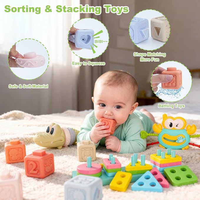 Montessori Baby Toys for 6-12 Months,Babies Travel Toy Set with Stacking Blocks, Pull Teether, Sensory Shape Sorter, Drawing Board & Harmonica, Infant Learning Gift for Toddler 1-3 Year Old