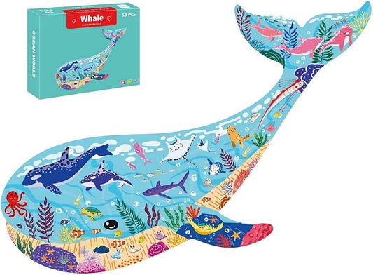 PINU Jigsaw Puzzles for Kids Ages 3-5, 6-8, 8-10, Children Colorful Fun Animal Shaped Puzzle Learning Educational Toys Gifts Games for Boys and Girls (Whale-50 PCS)