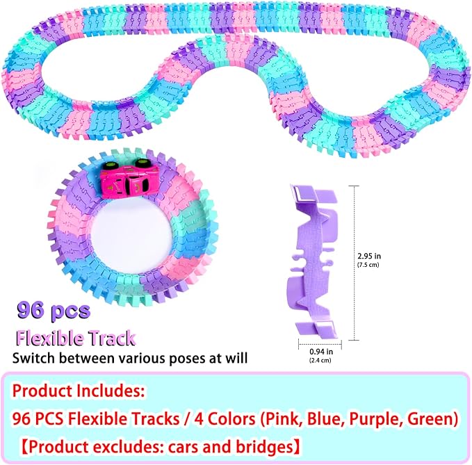 96 PCS Flexible Tracks Race Tracks Supplementary Set -4 Colors Magic Road Race Tracks Toys, 360° Rotating Flexible Train Track