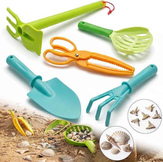 Sand Beach Toys for Kids, 5 PCS Beach Shovel Sifter Rake, Clip Tongs Set - Travel-Friendly Mesh Scooper for Shell Collecting, Outdoor Essentials Shark Tooth Sifter Dipper for Toddlers Boys Girls