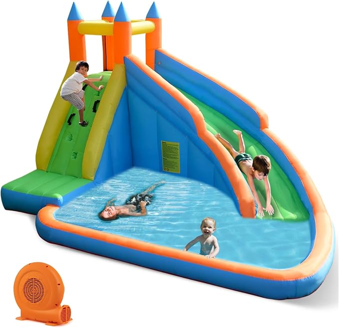 Costzon Inflatable Water Slide, Giant Bouncy Waterslide Park for Kids Backyard Outdoor Fun w/ 520w Blower, Climbing, Splash Pool, 2-pcs, Blow up Water Slides Inflatables for Kids Party Gift