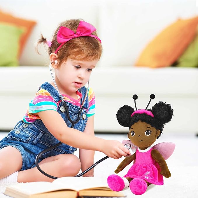 Black Baby Doll,Blacks Dolls African American Stuffed Toy,12” Rag Dolls for Girls Soft Gifts,Brown Doll Fairy Baby Toy Plush Toys for Christmas Birthday Party(Small-Black Butterfly)