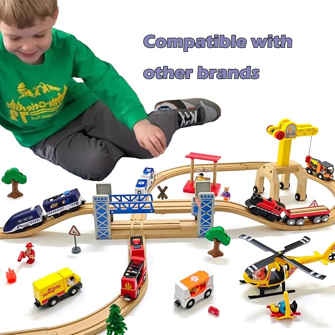 Battery Operated Police Train for Wooden Train Tracks with Figures Kids Magnetic Wooden Trains Set for Toddlers Boys 3-5 4-8 (Without Battery and Tracks) (Blue)