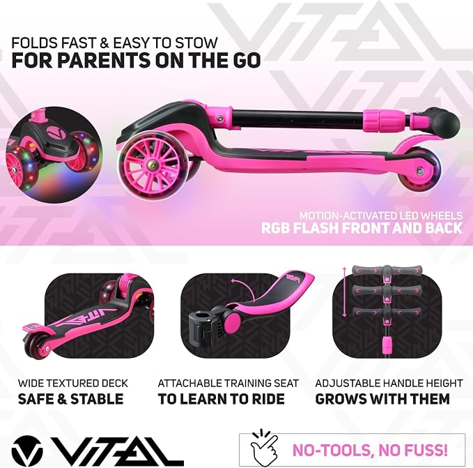 Vital Tyke 3 Wheel Toddler Scooter | LED Wheels, Foldable, Tool-Free Adjustable Handlebar & Removable Seat Scooters for Kids 3-5 and kick Scooters for Kids 5-7 up to 110lbs