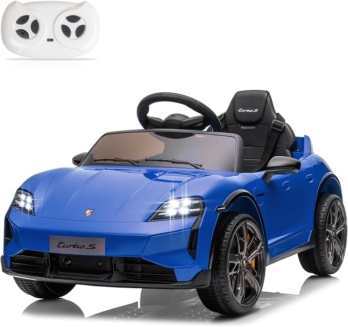 Winado 12V Kids Ride on Car, Licensed Porsche Taycan Electric Car for Toddlers, Battery Powered Ride on Vehicle W/Remote Control, with Bluetooth, 3 Speeds, LED & Rear Lights, Music & Horn (Blue)