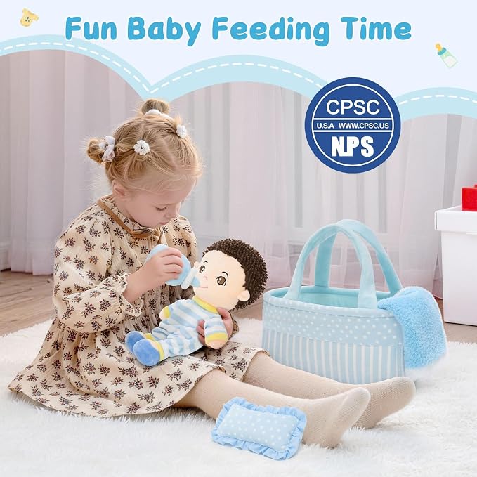 MaoGoLan 6Pcs Blue Baby Doll Set, 11'' Baby Doll Accessories, Soft Plush Doll with Portable Bassinet, Blanket, Bottle & Clothes, Pretend Play Set, Ideal Valentine Christmas Birthday Gift for Boys