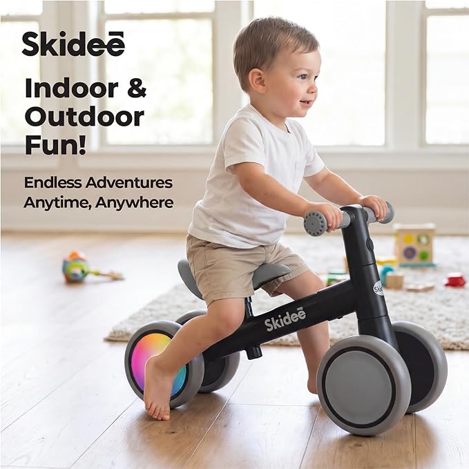 SKIDEE Toddler Balance Bike 1-3, 4-Wheel Balance Bike with Rare Light-Motion-Activated LED Wheels, Adjustable Height & Child Safe Steering, Lightweight Ride-On Toy Training Bike for Boys & Girls