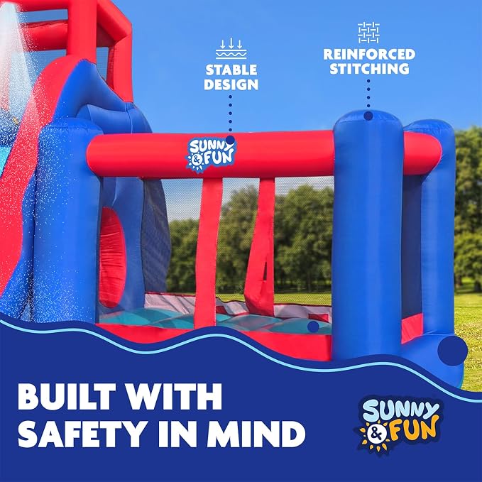 Sunny & Fun 2-in-1 Bounce & Blast Inflatable Water Slide Park – Heavy-Duty for Outdoor Fun - Climbing Wall, Slide, Bouncer, Tunnel & Splash Pool – Easy to Set Up, Included Air Pump & Carrying Case