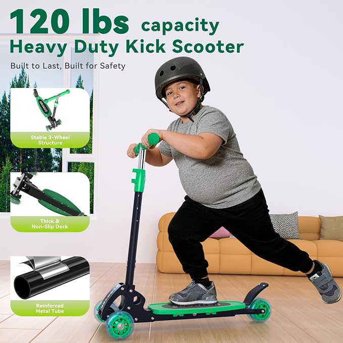 Scooter for Kids Ages 3-5, LED Light Up 3 Wheel Toddler Scooter with 4 Adjustable Heights, Lean-to-Steer Wheels, Safe Metal Brake, Foldable Kick Scooter for Boys Girls, Support 120 lbs, Birthday Gift