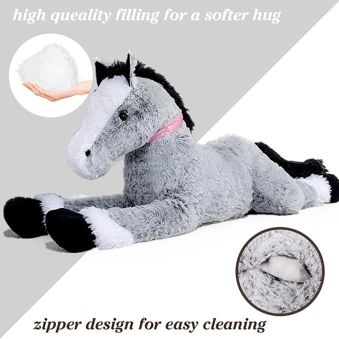Tezituor 47 Inch Giant Horse Stuffed Animal, Large Soft Pony Plush Toy for Kids, Realistic Gray Horse Pillow Extra Large Stuffed Horse Gift for Girls Boys
