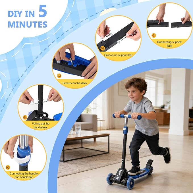 3 Wheel Scooters for Kids 2-5 5-7 Years, 4 Adjustable Heights Foldable Metal Toddler Scooter for Boys Girls Up to 120 lbs, Lean-to-Steer, Dual Rear Brake Widen Anti-Slip Deck