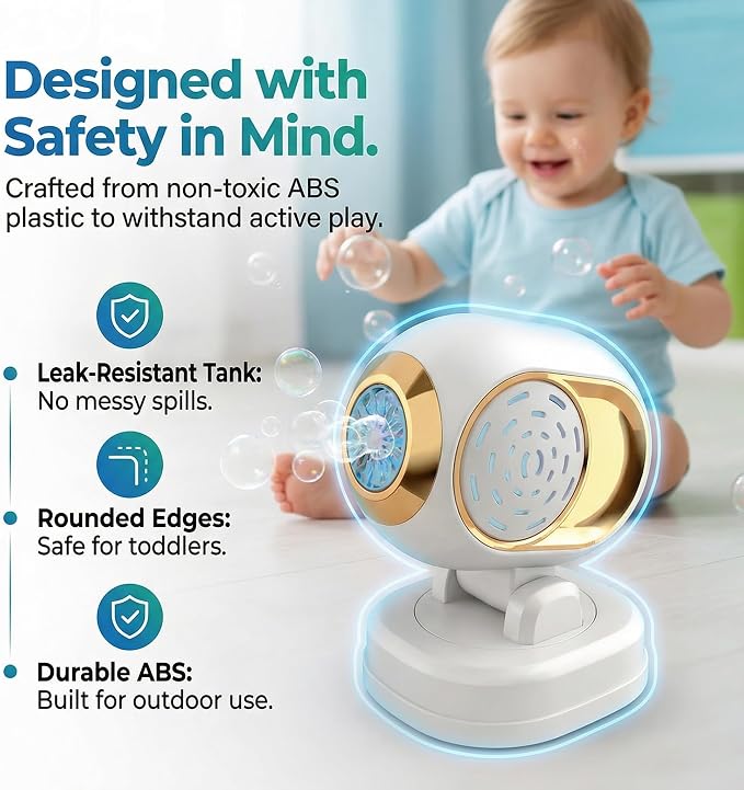 KYWYOYOU White Stage Bubble Machine for Wedding Parties, Rechargeable Maker | Automatic rotating blower with adjustable head for kids, toddlers & outdoor play. Includes 10 professional solution refills.