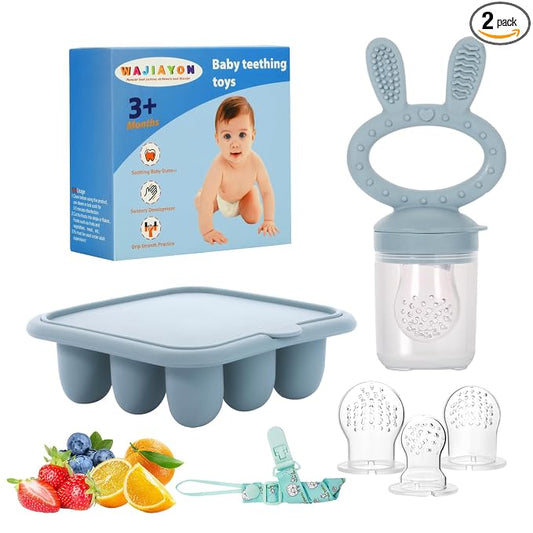 Baby Breastmilk Popsicle Molds & Baby Fruit Feeder (2 Pack), Baby Food Freezer Tray Storage Containers, Silicone Teething Pacifier Feeder and Teether for Babies,Baby Feeder - Blue