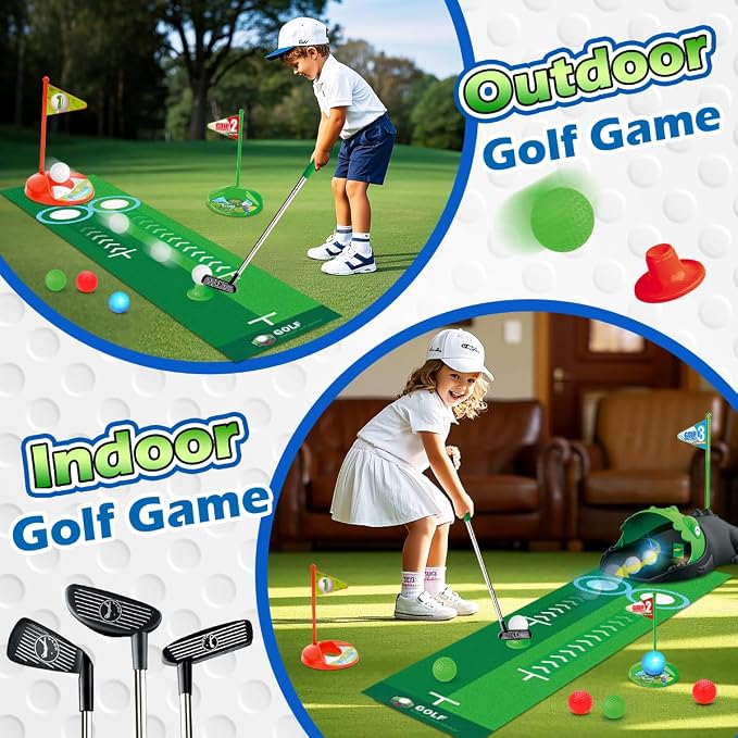 Clemas Upgraded Kids Toy Golf Set with Dinosaur Automatic Golf Returner, Led Light Up Night Golf Balls, 3 Clubs, Putting Mat, 3-8 Toddler Mini Golf Games, Indoor Outdoor Sports Toys for Boys Girls 3+