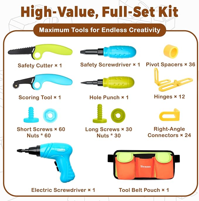 Kids Cardboard Construction Tool Set with Electric Drill & Tool Belt -258PCS, STEM Building Kit for Creative Craft Projects, Educational DIY Engineering Toy for Boys & Girls