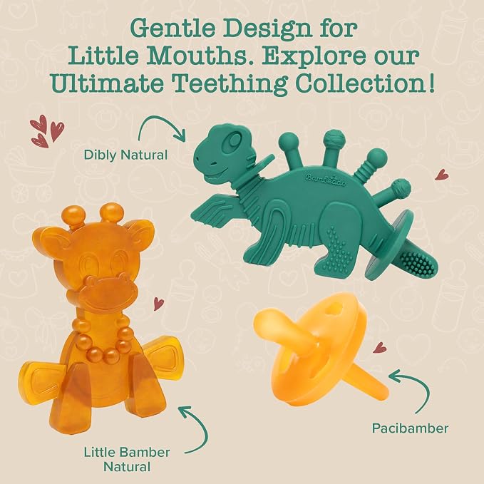 Bambeado Dibly Baby Teething Toy - Made with Natural Rubber & Amber Elements - Easy to Hold, Simple to Clean - Cute Dinosaur Teether Toy - Alternative to Amber Teething Necklace Green