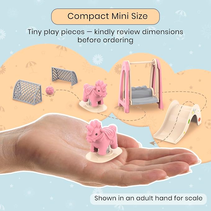 Family Dollhouse Accessories — Mini Playground Set with Swing & Slide, Rocking Horse, Soccer Goals, Screen-Free Add-On — Miniature Dollhouse Playset for Ages 3+