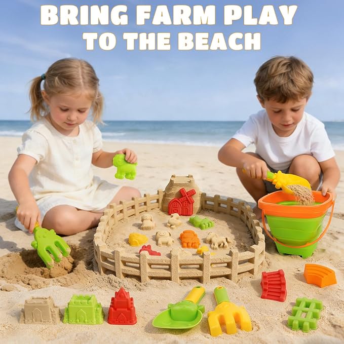 Dreamon 29PCS Beach Toys for Kids – Collapsible Beach Buckets, Shovels, Rakes & Animal Sand Molds with Mesh Bag – Farm Travel Sand Toys Sandbox Toys for Kids Ages 4-8